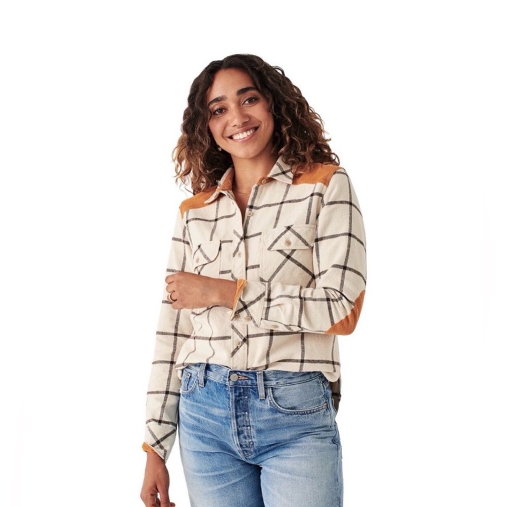 Faherty Daly Shirt in Olivia Cream and Tan Plaid Button-Down Shirt - S